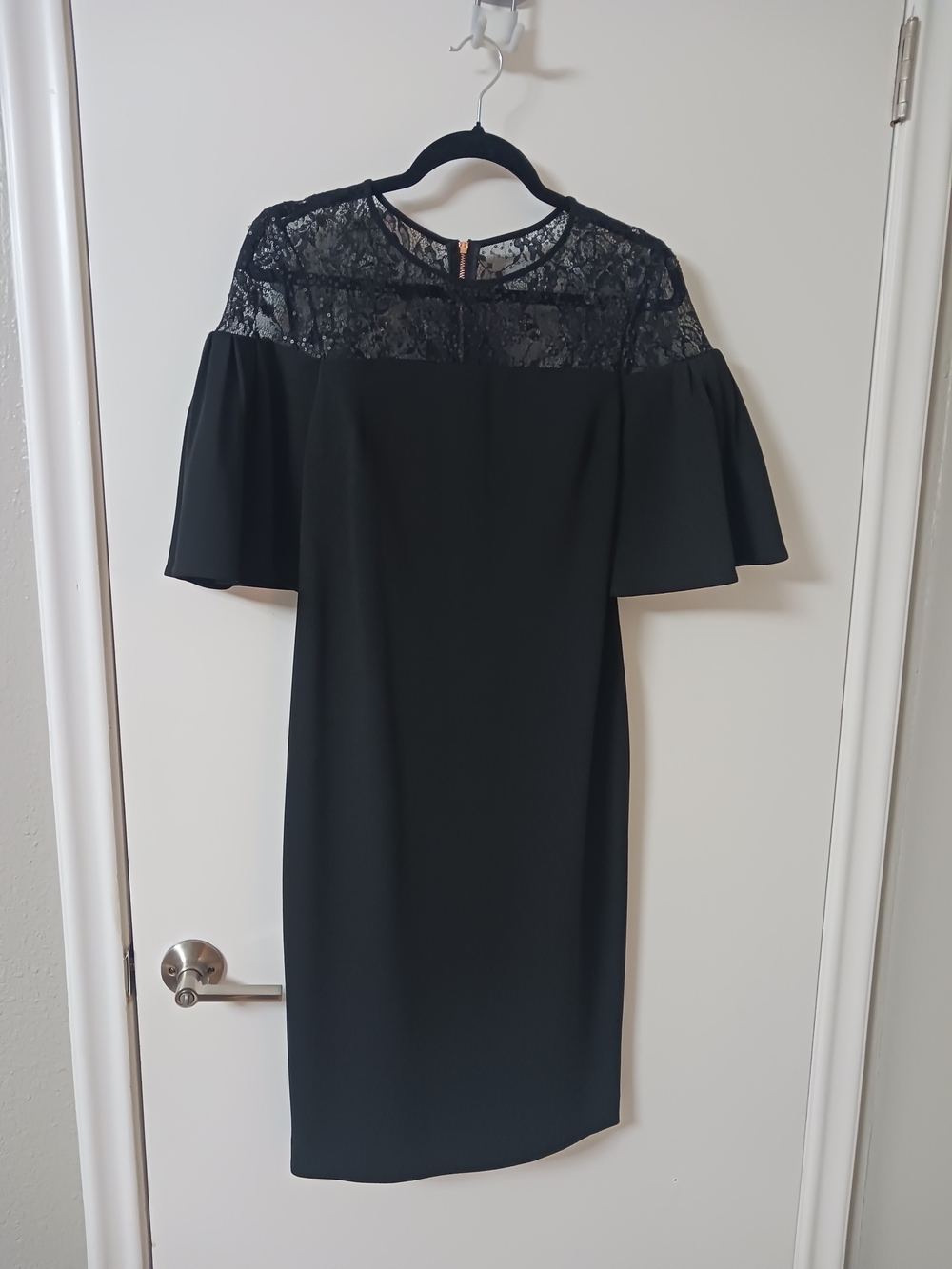 Calvin Klein Black Sequin Illusion Lace Bell Sleeve Sheath Dress Size 8